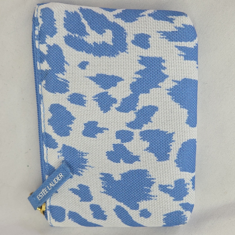 Estee Lauder Blue and White Leopard Cosmetic Pouch Wallet 4 X 5.5" Like New